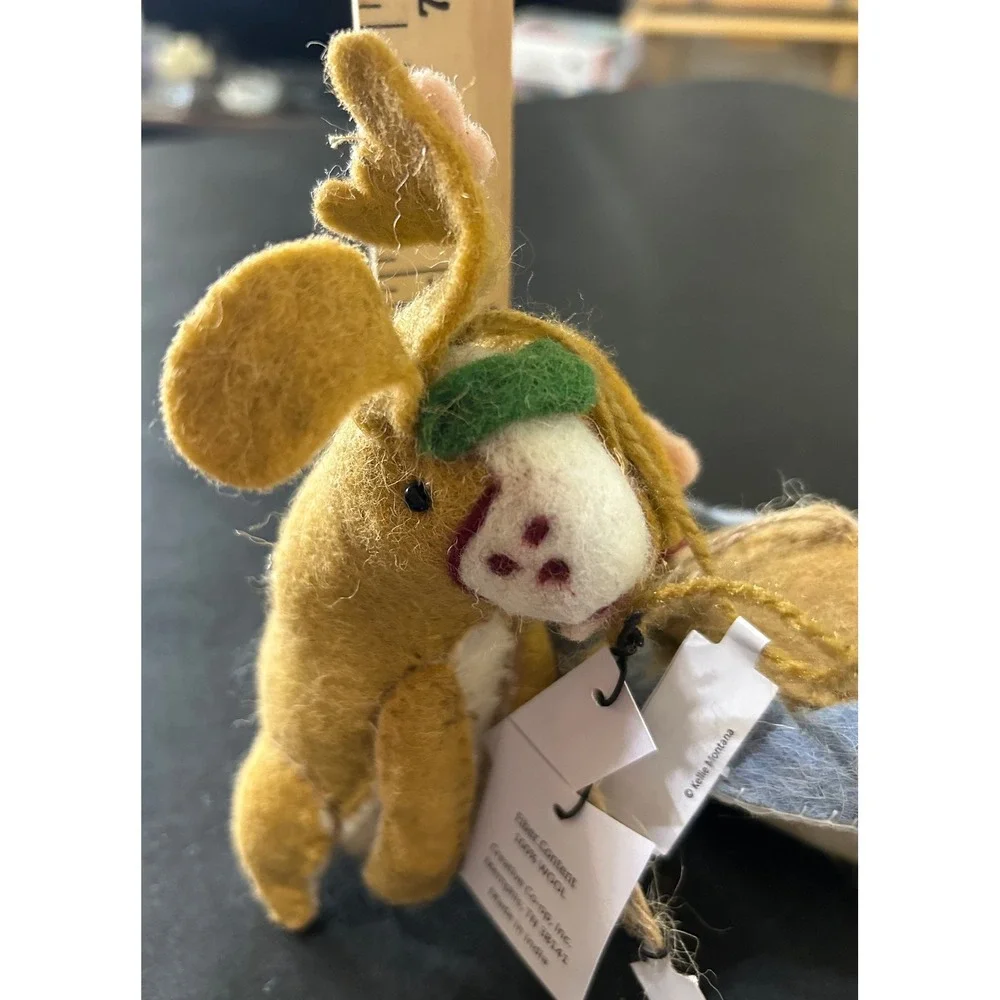 Creative Co-op Felt Wool Animal Ornaments Set/2 Tan Reindeer Dog Kellie Montana